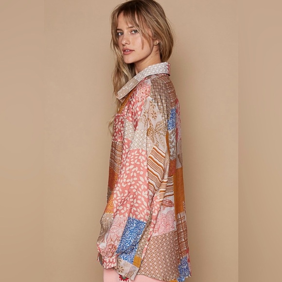 Closeout!▪️NWT POL Oversized Patchwork Cotton Button Down in Blue Pink/Multi - Picture 4 of 5